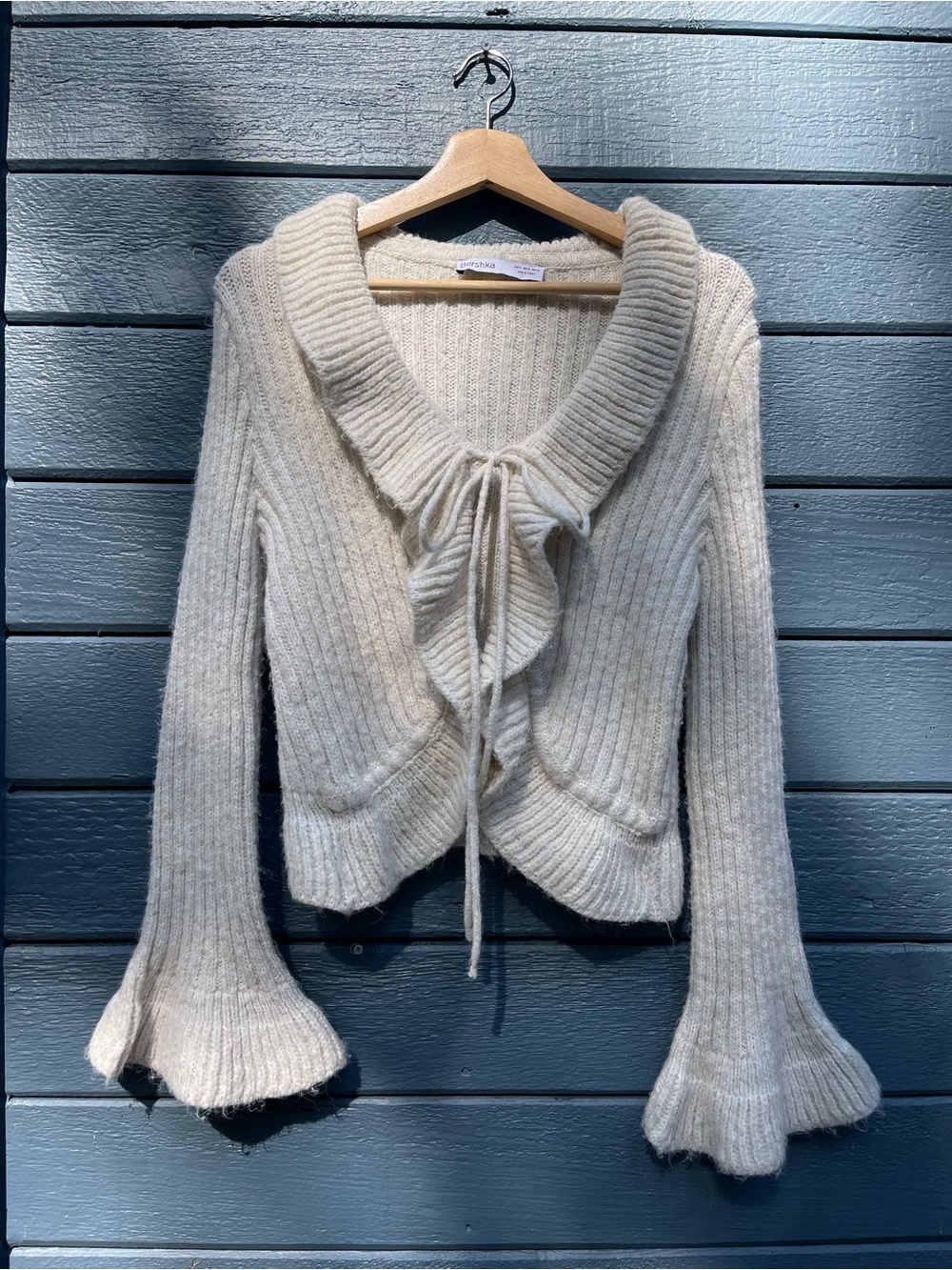 Bershka Cream Ribbed Tie-Front Cardigan